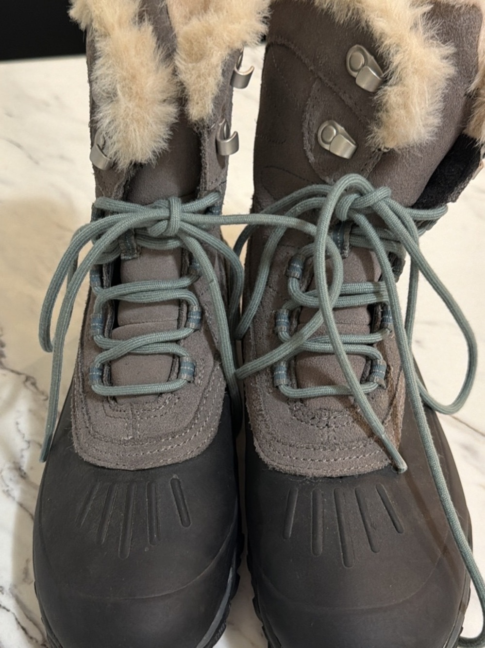 Merrell Brown Grey Faux-Fur Trim Winter Lace-Up Boots